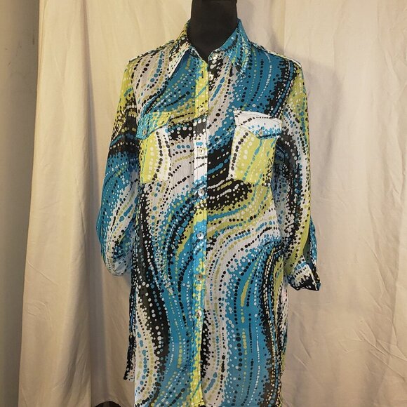 Ruby Rd. Women's Size 8 Blue & Green Abstract Print Sheer Blouse - Picture 1 of 4